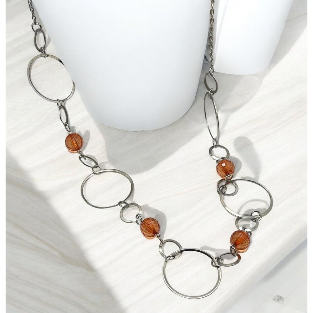 Vintage Silver Tone & Orange Beaded Link Necklace Large Circular Chain Rings